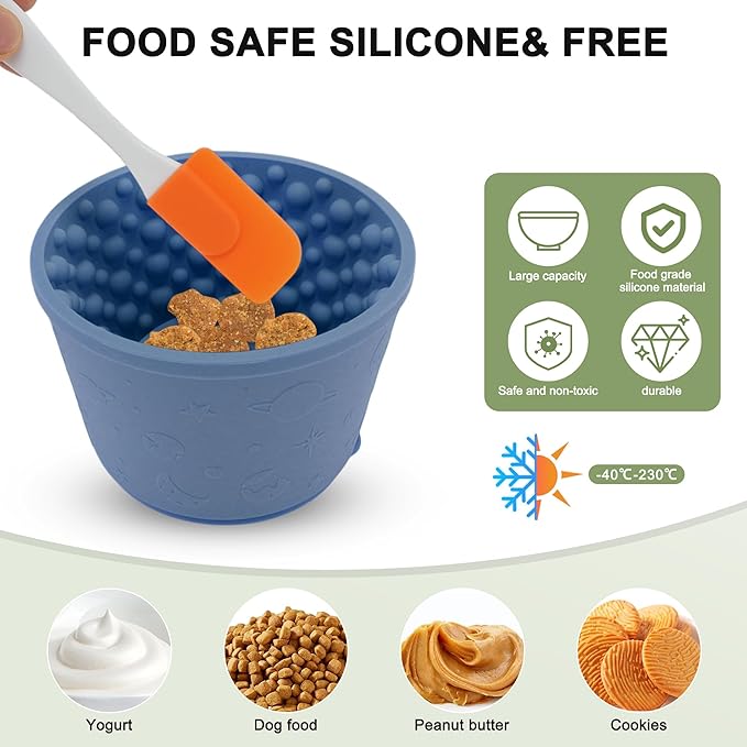 Slow Feeder Dog Bowls, Silicone Dog Lick Bowl with Brush & Scraper, Non-Slip Base Slow Feeder for Anxiety Alleviating & Oral Health, Navy Blue