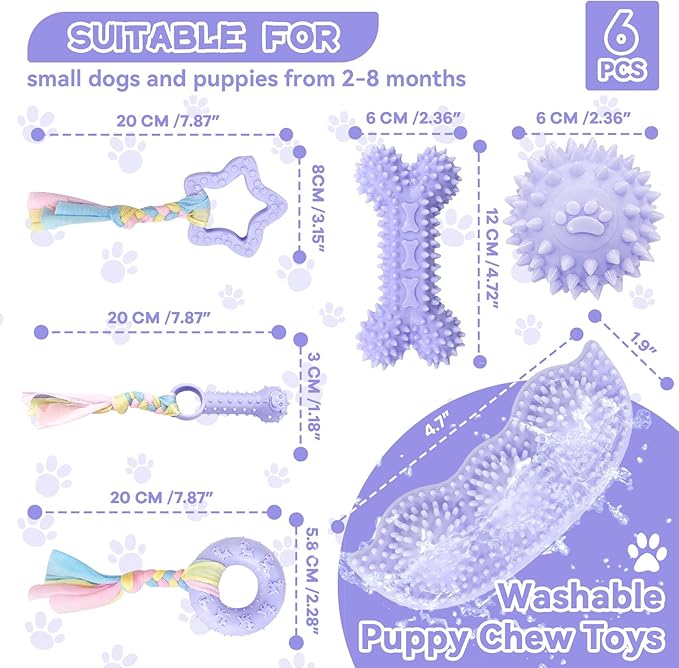 Petcare 6 Pack Puppy Teething Toys, Cute Purple Small Dog Chew Toys for Puppies 0-6 Months, Soft Rubber Rope Dog Teething Toys, Best Small Puppy Toys, Puppy Essentials Supplies