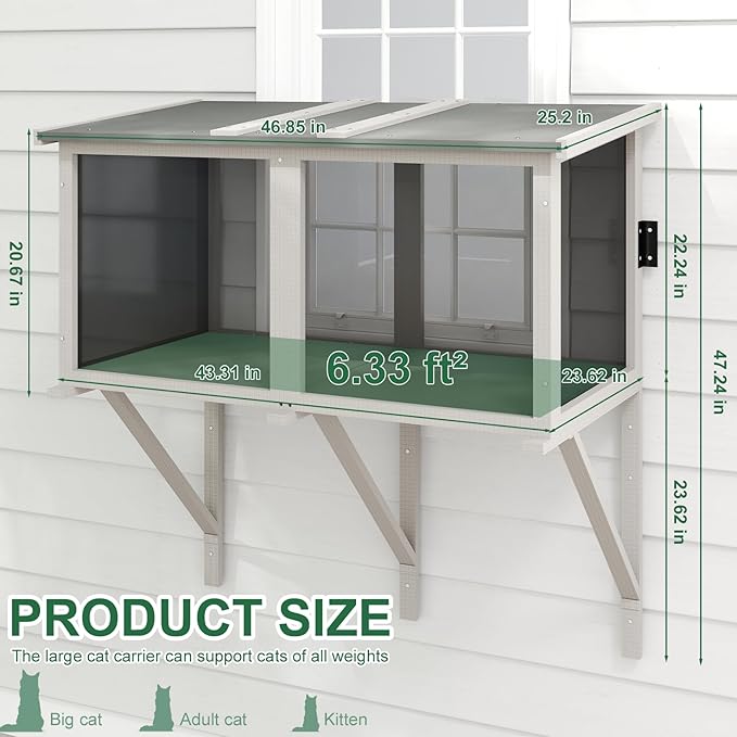 Cat Catio, Expandable Window Box Enclosure for Indoor Cats, Comfortable Wooden Small Pet Perch House Hammock, All-Weather, Keep Bugs Insects Out