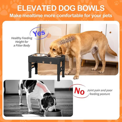 Elevated Dog Bowls with 2 Stainless Steel Bowls, 5-Height Adjustable Stand (3.1", 9" to 12"), for Improved Digestion & Neck Support, Easy Clean, Non-Slip Base Raised Feeder for Medium Large Dogs