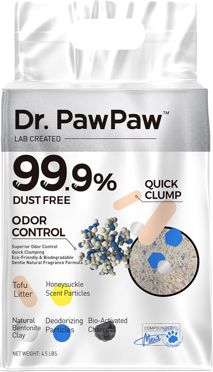Tofu Cat Litter, Dr. PawPaw Clumping Cat Litter, Honeysuckle Scent 4.5 lb, Dust-Free Keep Kitty Tidy, Superior Odor Control Keep Step Fresh