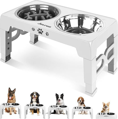Elevated Dog Bowls for Medium Large Size Dogs, Non-Slip Dog Feeder with 1*Stainless Steel Dishes & 1*Slow Feeder Bowl, 5 Heights Adjustable Raised Bowls to 3.15″-8.66″-9.84″-11.02″-12.2″