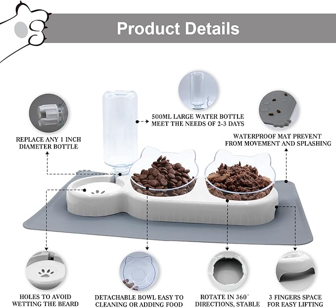 Triple Cat Bowls with Water Dispenser, Pet Whisker Friendly Water and Food Bowl Set with Non-Slip Mat, 15° Tilted Double Feeding Bowls, Elevated Wet and Dry Food Dish for Kitten&Small Dog (White)