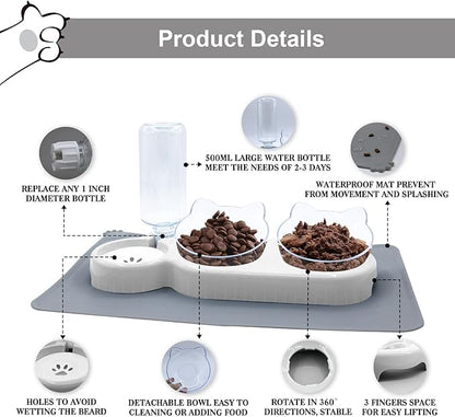 Triple Cat Bowls with Water Dispenser, Pet Whisker Friendly Water and Food Bowl Set with Non-Slip Mat, 15° Tilted Double Feeding Bowls, Elevated Wet and Dry Food Dish for Kitten&Small Dog (White)