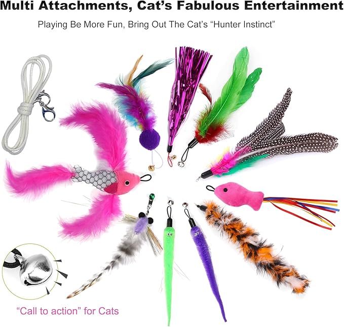 Cat Teaser Wand Set for Indoor Cats (13 Pack) - Retractable with Feather Refills, Interactive Toy to Boost Exercise & Relieve Boredom