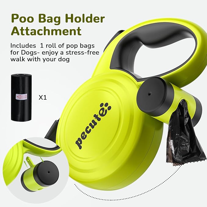 32ft Retractable Dog Leash with Reflective Strips, One-Button Control & Sturdiness Nylon Material, Long Leash Retractable with Poop Bag Holder for Medium Large Dog