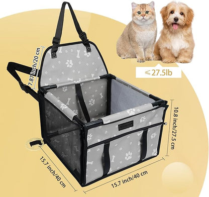 PetsHome Dog Car Seat Foldable Dog Car Booster Seat Waterproof Breathable Oxford Travel Bag for Small to Medium Dogs, Puppies, and Pets-Pattern Grey-Upgrade