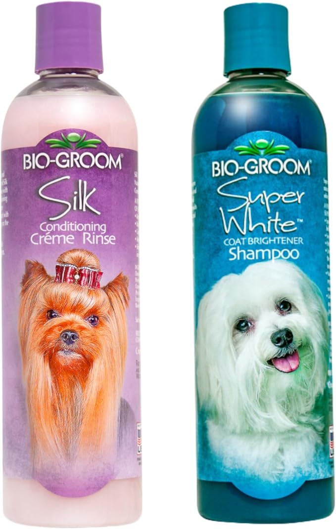 Bio-Groom Dog Shampoo and Conditioner Set - Whitening Shampoo for Dogs, Moisturizing Conditioner for Dry, Itchy, Sensitive Skin - Silk Creme Rinse & Brightening Shampoo, 12 Fl Oz Each (1 Set)