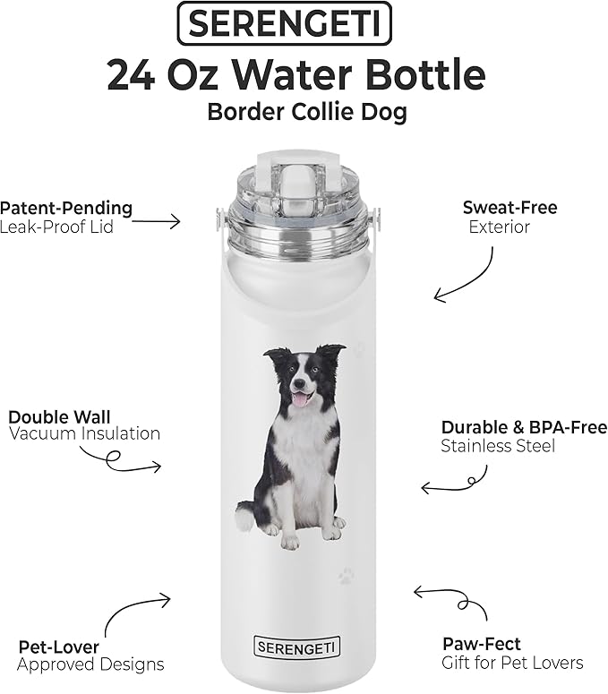 SERENGETI 24 Oz Water Bottle Stainless Steel with Spill Proof Lid - Double walled Vacuum Insulated water flask - Realistic 3D Print of your favorite dog (Border Collie)