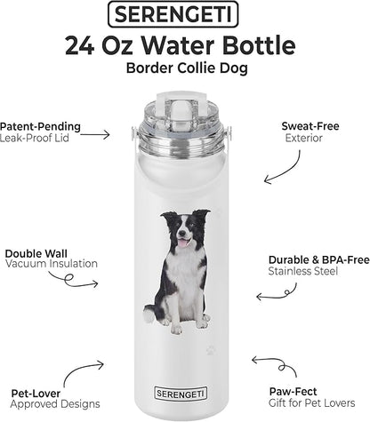 SERENGETI 24 Oz Water Bottle Stainless Steel with Spill Proof Lid - Double walled Vacuum Insulated water flask - Realistic 3D Print of your favorite dog (Border Collie)
