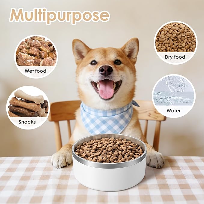 IKITCHEN Dog Bowl for Food and Water, 40 Oz Stainless Steel Pet Feeding Bowl, Durable Non-Skid Double Wall Insulated Heavy Duty with Rubber Bottom for Medium Large Dogs (40 Ounces/5 Cup, White)