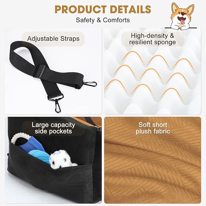 JOEJOY Dog Car Seats for Small Medium Dogs Under 35lbs, Dog Booster Seat with Detachable Washable Cover and Cushion, Memory Foam Pet Car Seat with Safety Belt and Storage Pockets (Brown)