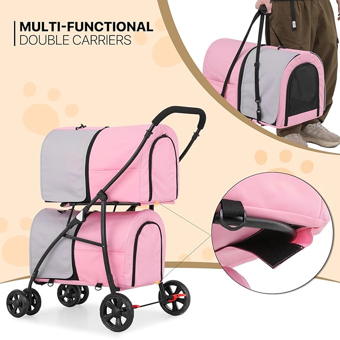 MoNiBloom Double Dog Stroller with Detachable Carrier Bags Large 4 Wheels Foldable Jogger for Small and Medium Dog Cats, Pink/Gray