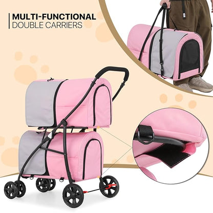 MoNiBloom Double Dog Stroller with Detachable Carrier Bags Large 4 Wheels Foldable Jogger for Small and Medium Dog Cats, Pink/Gray