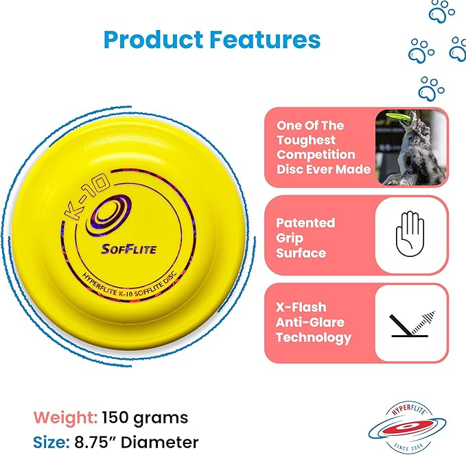 Hyperflite K-10 SofFlite Dog Flying Disc – 2 Discs – Ultra Soft – Ideal for Sensitive Mouths – Floats – Competition Approved – 8.75” / 105g – Yellow – Not for Hard Biters