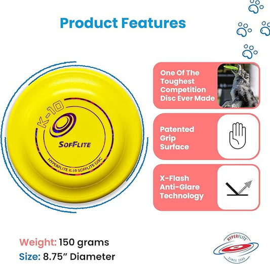 Hyperflite K-10 SofFlite Dog Flying Disc – 2 Discs – Ultra Soft – Ideal for Sensitive Mouths – Floats – Competition Approved – 8.75” / 105g – Yellow – Not for Hard Biters