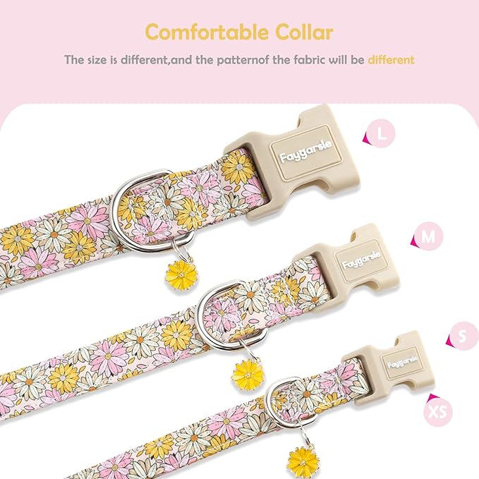 Faygarsle Floral Girl Dog Collar, Cotton Fabric with Daisies Pattern, Pink and Yellow Summer Spring Design for Small Medium Large Dogs M