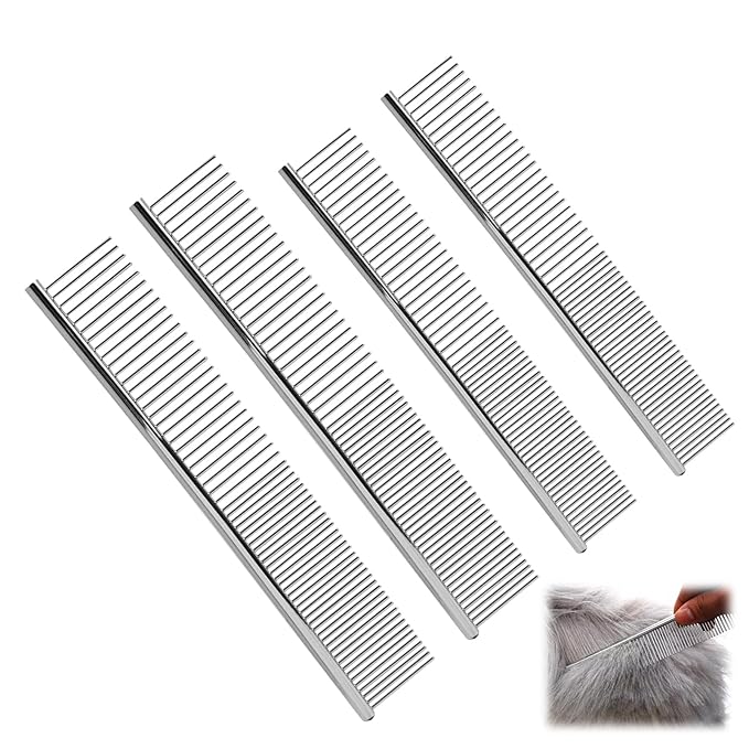 4 Pcs Stainless Steel Pet Comb Set, Dematting Grooming Tool for Dogs and Cats, Medium and Small Size Combs for Daily Home Detangling Long Short Animal Hair, for Pet Owner and Home Grooming