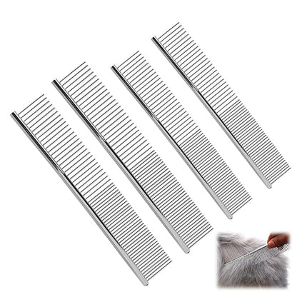 4 Pcs Stainless Steel Pet Comb Set, Dematting Grooming Tool for Dogs and Cats, Medium and Small Size Combs for Daily Home Detangling Long Short Animal Hair, for Pet Owner and Home Grooming
