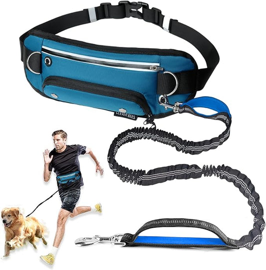Hands Free Dog Leash with Pouch,Adjustable Waist Running Leash with Water Bottle Holder,Dual Padded Handles and Retractable Bungee for Walking Jogging Training Hiking (Blue)