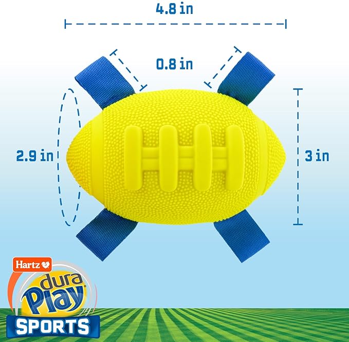 Hartz Dura Play Sports Football Dog Toy, Bacon Scented Squeaky Latex Yellow & Blue Toy, 3 Count