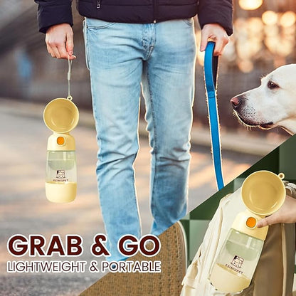 Dog Water Bottle with Food Container, 2-in-1 Cat & Small Dog Water Bottle Portable for Walking, Hiking, Travel - Yellow