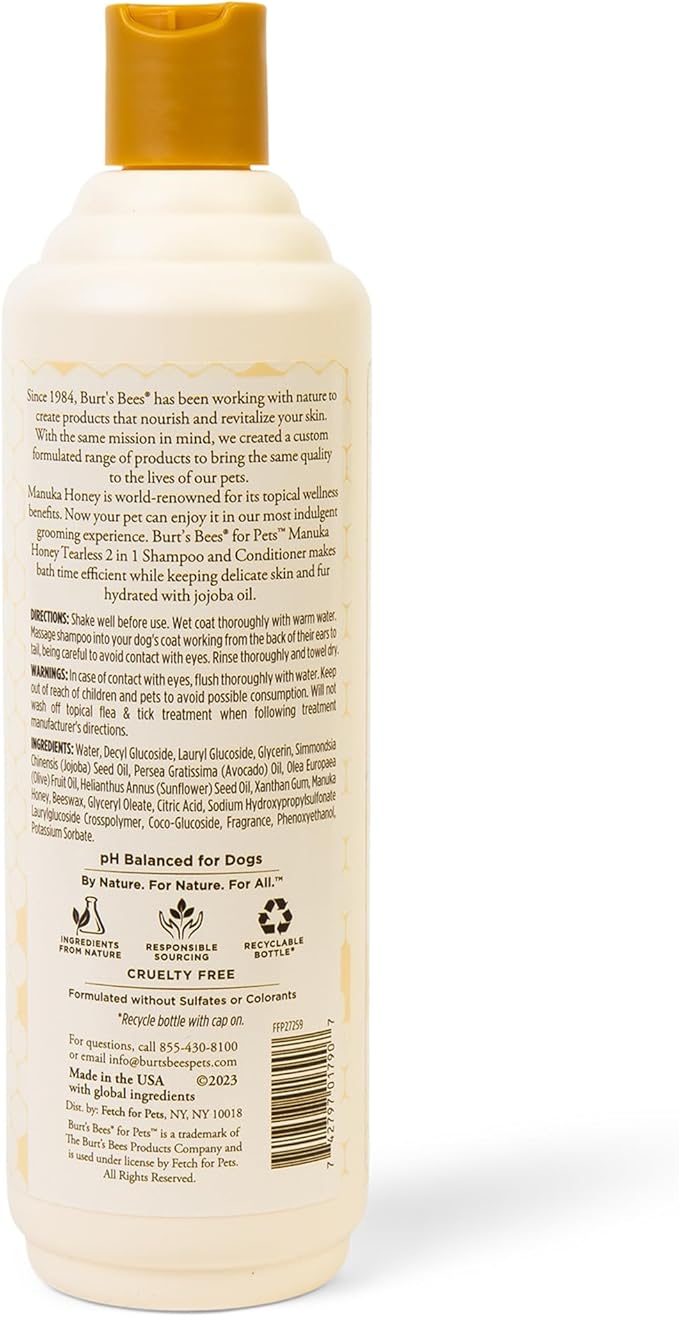 Burt’s Bees for Pets Manuka Honey Tearless 2 in 1 Shampoo and Conditioner for Puppies with Jojoba Oil, 16 Fl Oz
