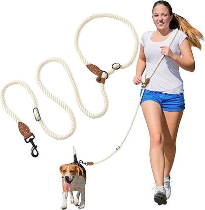 Mile High Life Hands Free Dog Leash, Crossbody Waist Leash with Genuine Leather Connection, Multifunctional Adjustable Slip Lead for Dog Walking Running (Cream, MF)