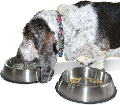PetFusion Premium Brushed Anti-Tip Dog & Cat Bowls (Set of 2 Bowls). Food Grade Stainless Steel. Bonded Silicone Ring for Traction, Metallic, 32 oz (Pack of 2)
