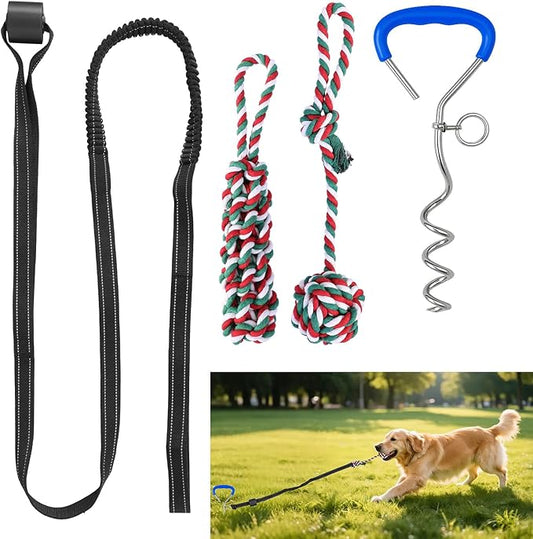 Bungee Tether Tug Outdoor Dog Toy with Stake,Tug of War Dog Toy for Aggressive Chewers to Keep Them Busy,Outdoor Interactive Dog Rope Toy for Medium/Small Dogs,Can Used On Lawns,Trees and Doors