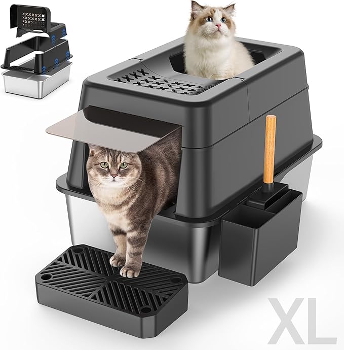 Stainless Steel Litter Box with Lid, XL Extra Large Enclosed Cat Litter Box Fits All Cats Modular Design with Flip Cover, Top Entry Metal High Sided Cat Box & Pedal & Scoop (Black)
