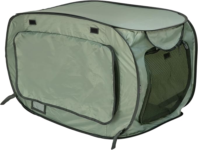 SportPet Designs Soft-Sided Pop-Open Pet Kennel, Medium Portable Travel Crate for Cats & Dogs up to 50 lbs, Foldable Car Kennel with Seatbelt Straps & Washable Waterproof Pad, Green