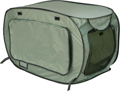 SportPet Designs Soft-Sided Pop-Open Pet Kennel, Medium Portable Travel Crate for Cats & Dogs up to 50 lbs, Foldable Car Kennel with Seatbelt Straps & Washable Waterproof Pad, Green
