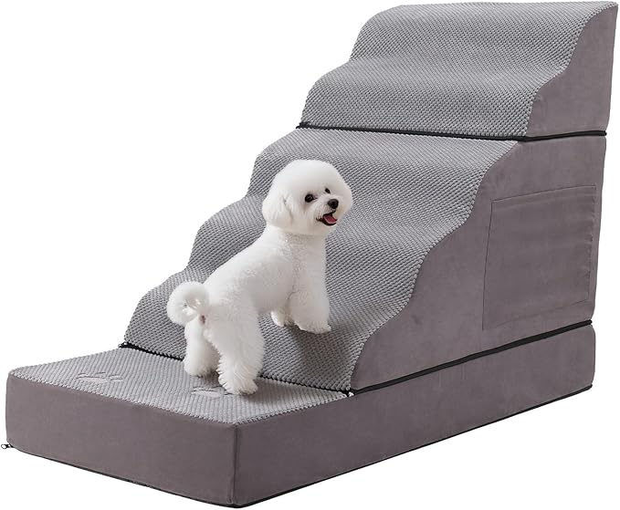 Large Dog Stairs – Extra Large Dog Steps for Bed, Couch & Car, 6-Step Pet Steps for Puppies & Senior Dogs, Pet Stairs with Washable Cover, Side Pockets, Non-Slip Bottom, 43.3" L x 19.7" W Grey