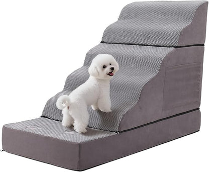 Large Dog Stairs – Extra Large Dog Steps for Bed, Couch & Car, 6-Step Pet Steps for Puppies & Senior Dogs, Pet Stairs with Washable Cover, Side Pockets, Non-Slip Bottom, 43.3" L x 19.7" W Grey