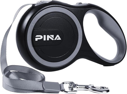 PINA Retractable Dog Leash, 16ft Dog Leash for Small Medium Dogs Up to 44lbs, 360° Tangle-Free Strong Reflective Nylon Tape, with Anti-Slip Handle, One-Handed Brake, Lock - Black Gray