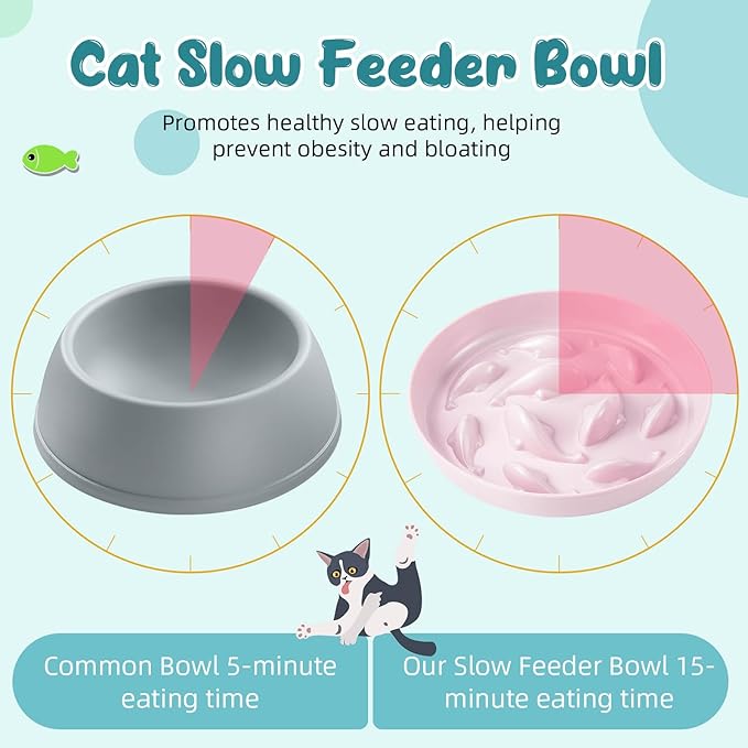 Nitial 2 Pcs Cat Slow Feeder Bowl Fish Pool Design Feeder Dish Fun Interactive Cat Food Bowl Healthy Eating Diet Bowls for Pet Puppy Dogs Dishwasher Safe(Green, Pink)
