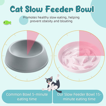 Nitial 2 Pcs Cat Slow Feeder Bowl Fish Pool Design Feeder Dish Fun Interactive Cat Food Bowl Healthy Eating Diet Bowls for Pet Puppy Dogs Dishwasher Safe(Green, Pink)
