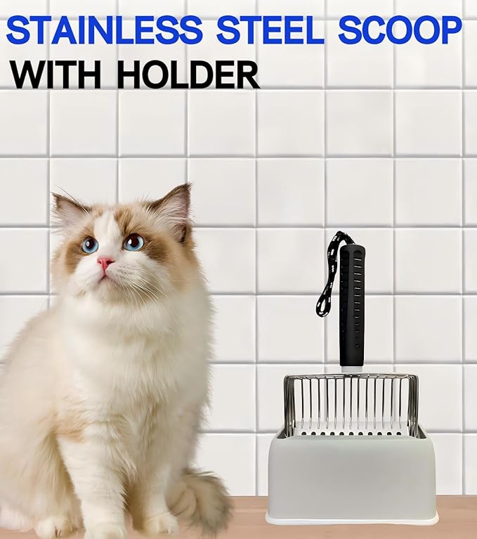 Cat Litter Scoop with Holder, Solid and Durable Metal Litter Scoop, Stainless Steel Litter Box Scooper, Heavy Duty, Black Rubber Handle