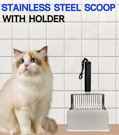 Cat Litter Scoop with Holder, Solid and Durable Metal Litter Scoop, Stainless Steel Litter Box Scooper, Heavy Duty, Black Rubber Handle
