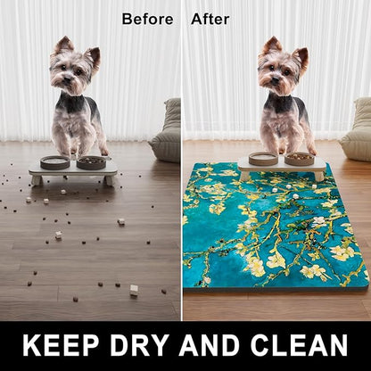 Dog Food Mat, 12" x 19" Flower Absorbent Dog Cat Bowl Mat for Food and Water, Cute Anti-Slip Rubber Pet Feeding Rug Protect Floors, Placemat for Feeding & Watering Supplies, Green