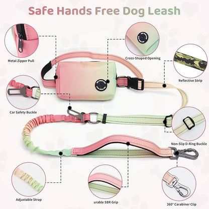 Hands Free Dual Handle Retractable Bungee Leash with Reflective Trim, Adjustable Waist Belt for Dog Walking, Running, Hiking - Durable Nylon Leash for Medium Large Dogs, Green