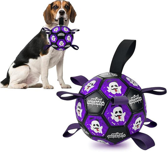Halloween Dog Toy Halloween Dog Soccer Ball with Straps Dog Interactive Ball Toy Dog Halloween Tug of War Toy Dog Soccer Ball for Small Medium Large Size Dogs (6 inches) S