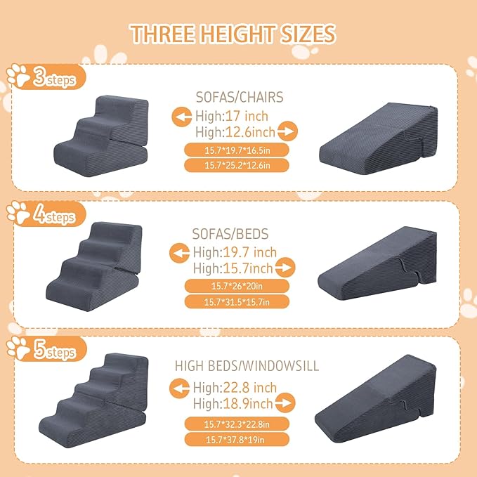 Dog Ramp for Bed, 20" H Dog Stairs for High Bed, 2 in 1 Pet Steps for Small Dogs, 4-Step Foldable Transformable Large Cats Ramp to Get on Couch, Non-Slip Balanced, Grey