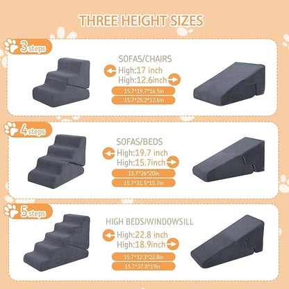 Dog Ramp for Bed, 20" H Dog Stairs for High Bed, 2 in 1 Pet Steps for Small Dogs, 4-Step Foldable Transformable Large Cats Ramp to Get on Couch, Non-Slip Balanced, Grey