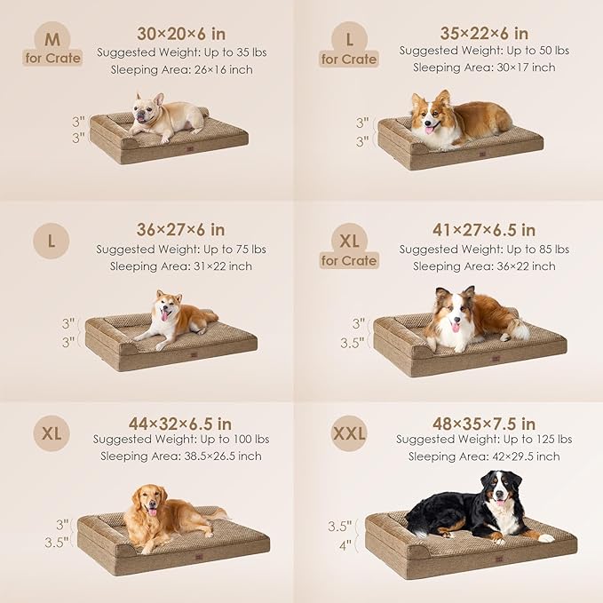 EHEYCIGA Orthopedic Dog Bed Medium Size Dogs, Memory Foam Dog Bed with Washable Removable Cover, Waterproof Pet Sofa Couch for Crate with Nonskid Bottom, 30x20x6, Camel