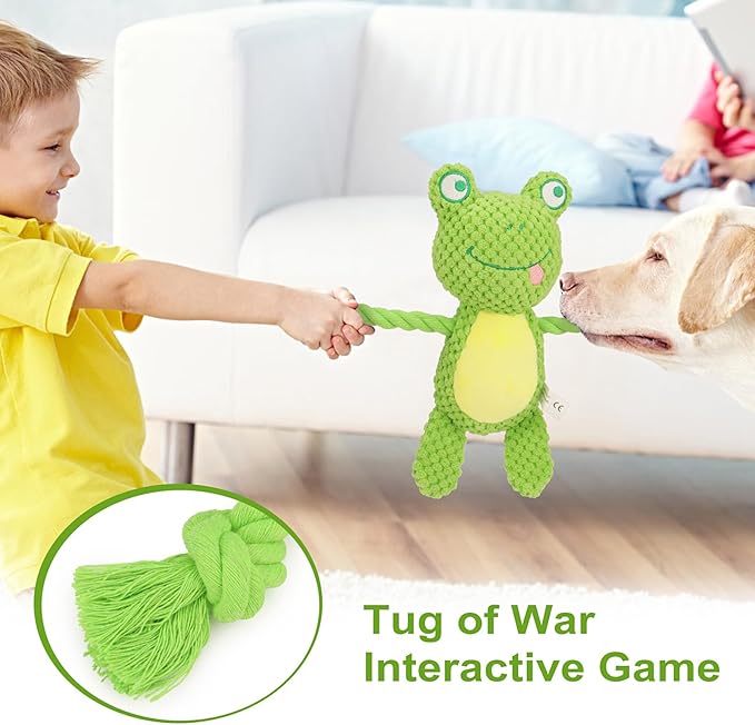 Dog Toys, Dog Squeaker Toys with Crinkle Paper, Stuffed Animal Dog Plush Chewing Toy, Cotton Rope Interactive Toys for Puppy, Small, Middle Dogs (Green Frog)