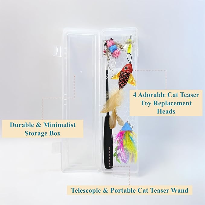 Interactive Cat Wand Toy with 4 Refills and Storage Box – Collapsible Cat Teaser Stick with Catnip Lure, Insect & Ribbon Attachments – Feather Cat Toys for Indoor Cats Enrichment