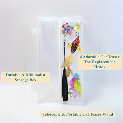Interactive Cat Wand Toy with 4 Refills and Storage Box – Collapsible Cat Teaser Stick with Catnip Lure, Insect & Ribbon Attachments – Feather Cat Toys for Indoor Cats Enrichment