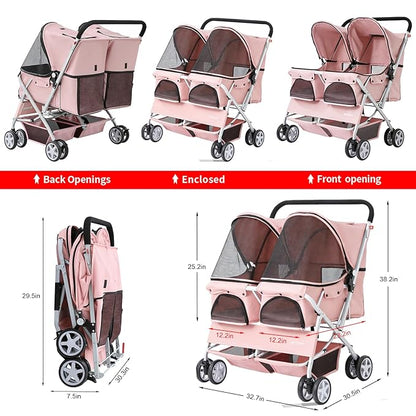 Double Pet Stroller for 2 Small Dogs & Cats, Side-by-Side Twin Travel Carriage with Safety Leashes, Mesh Windows & Double Storage Baskets, Lightweight & Foldable, 44lbs Capacity, Pink